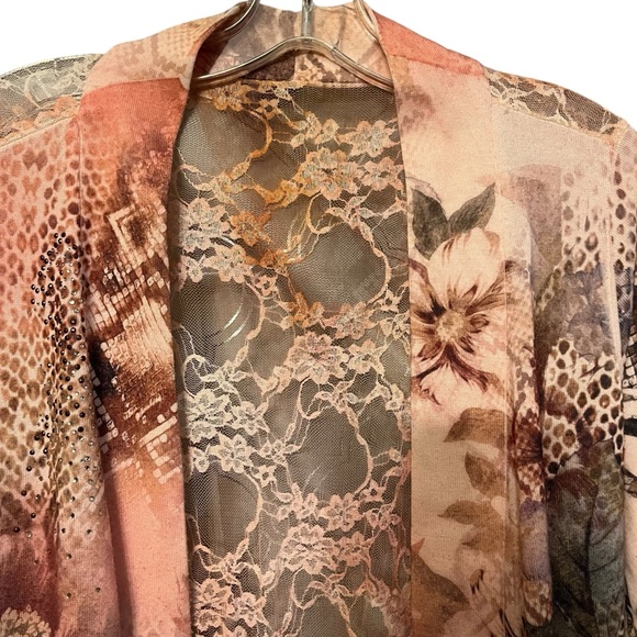 Peach print open front cardigan size large with sheer lace back, lightweight - Picture 2 of 8